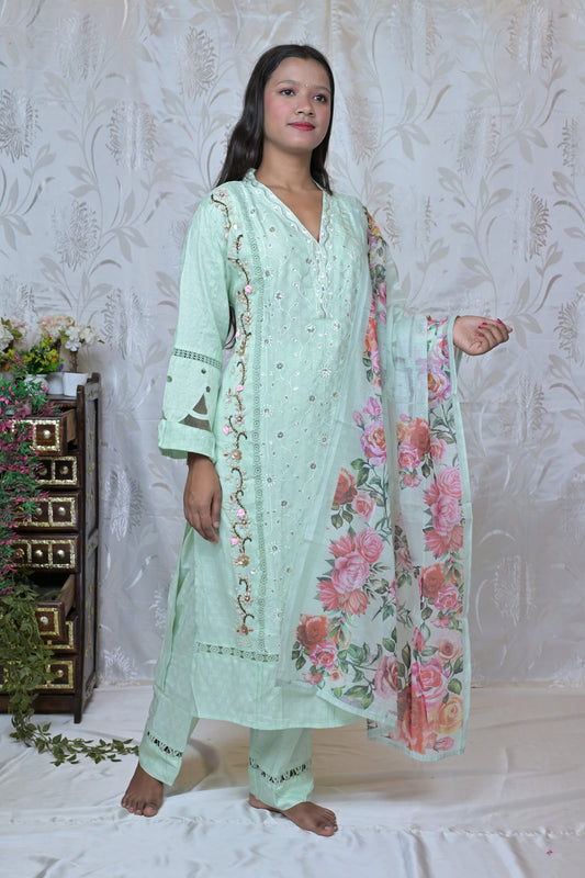 Pink & Mint Green Embroidered Suit Set with Dupatta