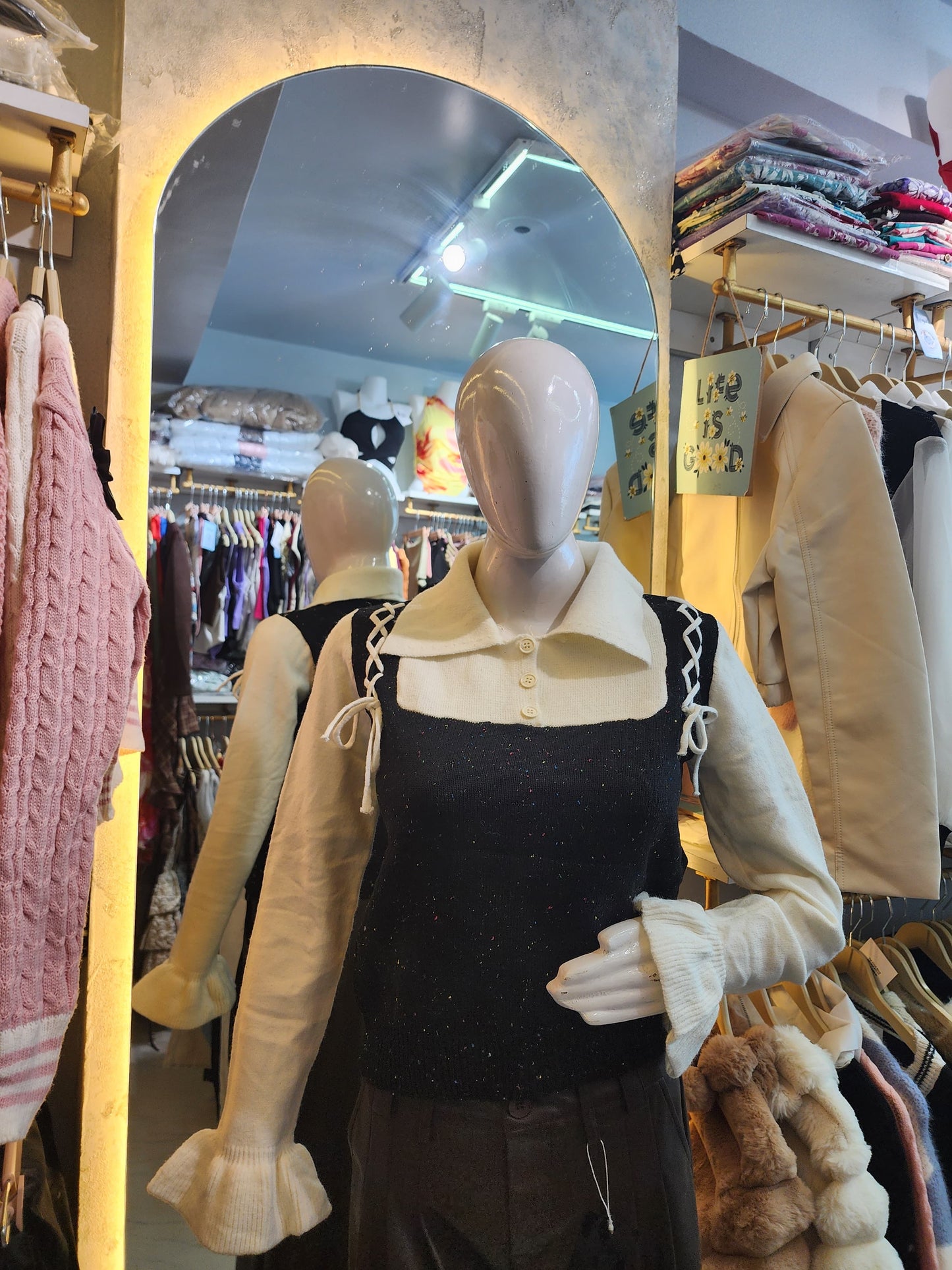 Campus Layer" Knit Tank & Bell-Sleeve Polo Set