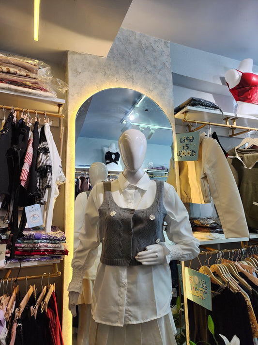 Daisy Bloom" Layered Knit Vest & Shirt Ensemble