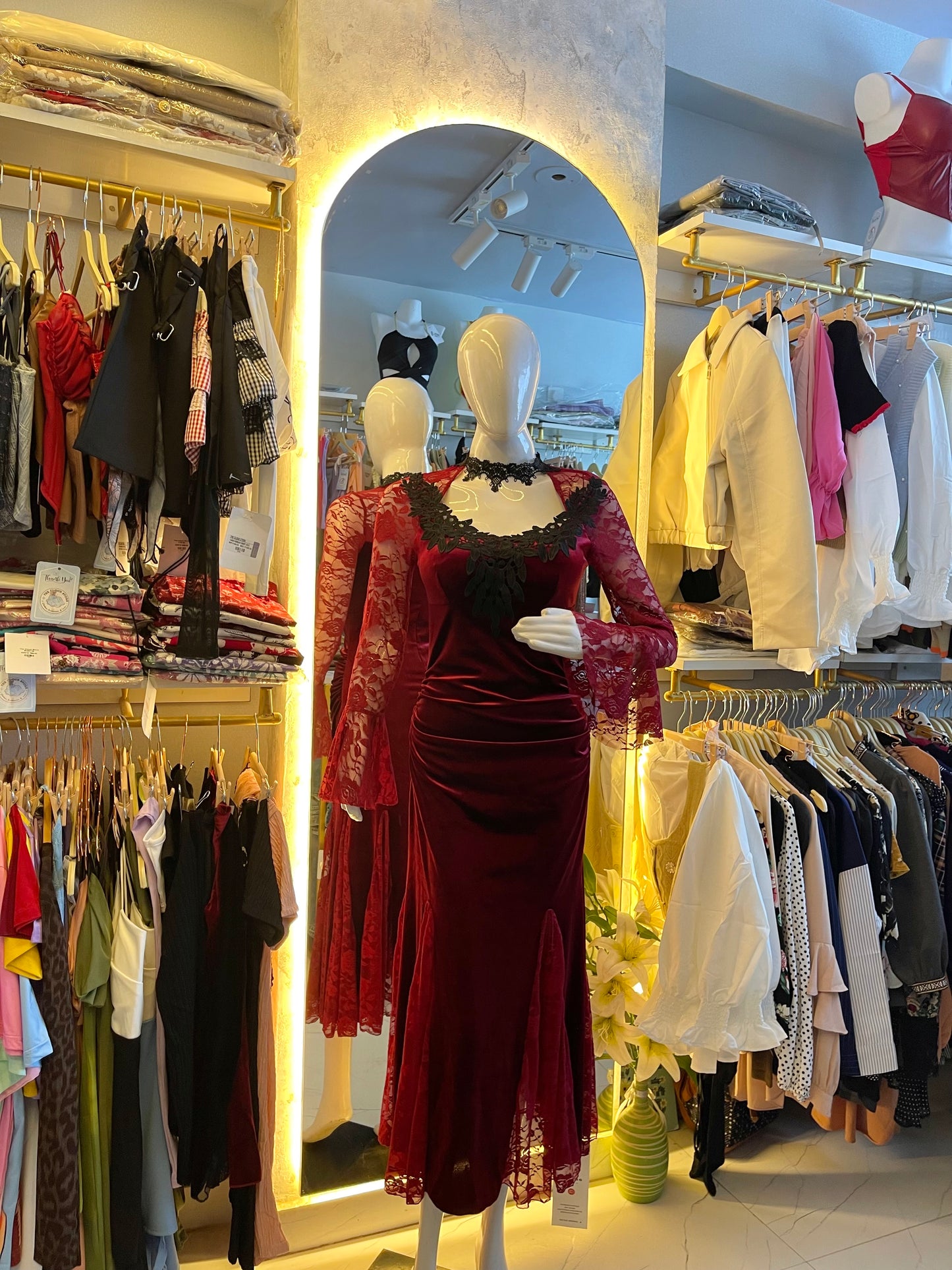 Burgundy Siren" Velvet Bodycon Dress with Floral Lace