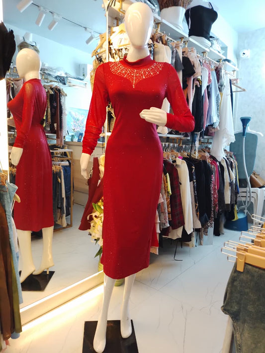 Glam Sequinned High-Neck Sheath Midi Dress