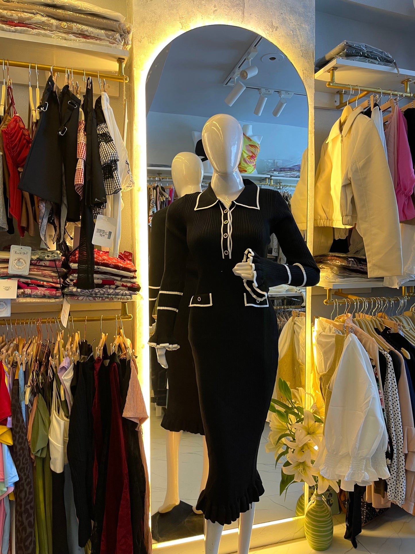 French Riviera" White Knitted Contrast Trim Dress