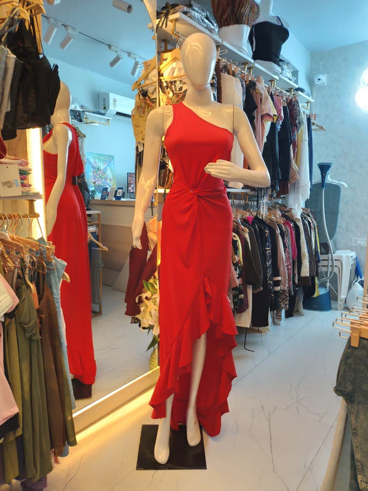 Cherry Blossom One-Shoulder Ruffle Maxi Dress (Red)