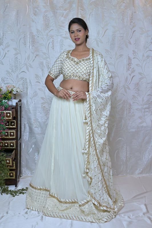 Off-White & Gold Mirror Work Lehenga Set