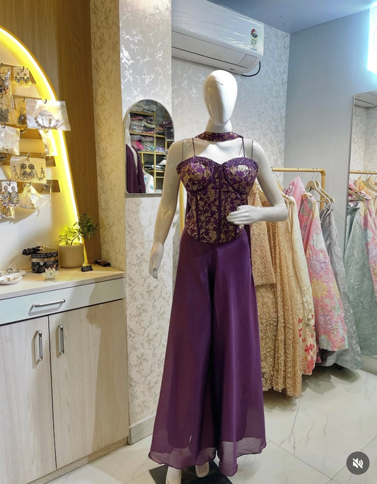 Regal Purple Gold-Embroidered Corset Top with Fluid Palazzo Dividers