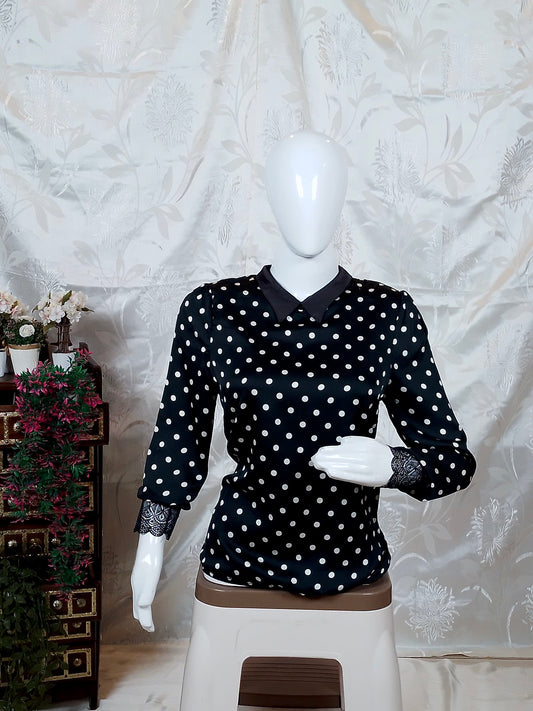 Women Black & White Polka Dot Satin Finish Top