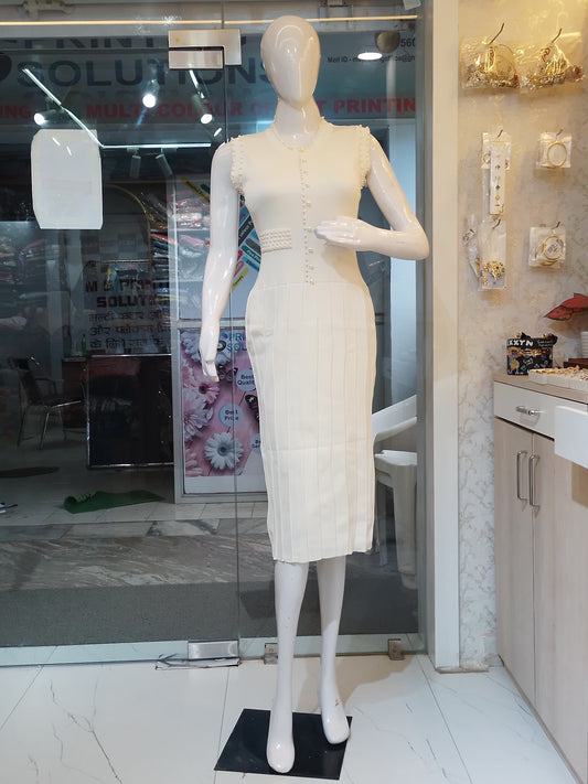 "Ivory Sculpt" Knit Button-Detail Dress