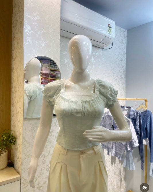 Seafoam Green Puff Sleeve Ruched Bust Crop Top with Lace Trim