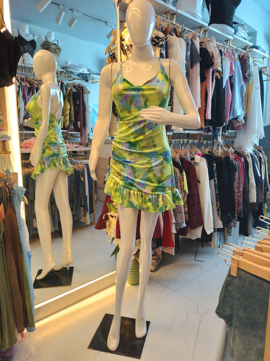 Neon Bloom Halter Ruched Mini Dress