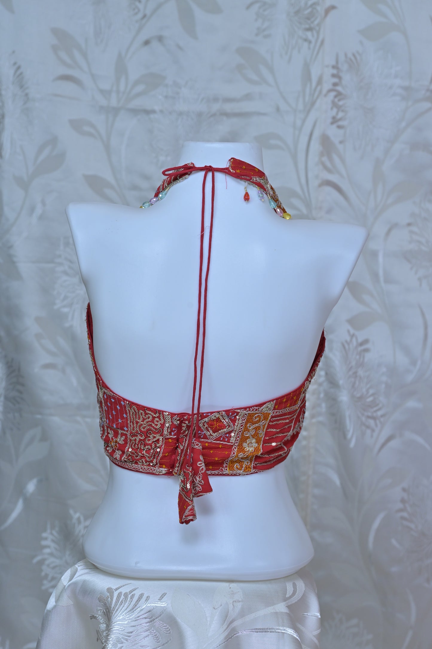 Embroidered Patchwork Halter Neck Backless Blouse