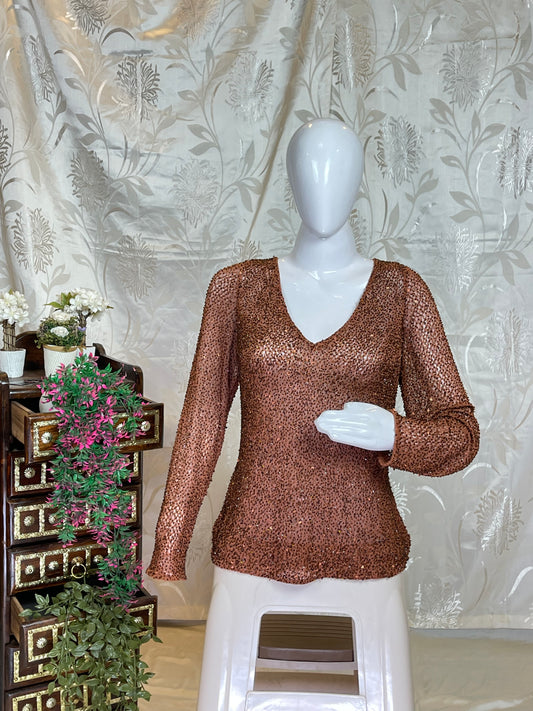 Brownish-Orange Shimmer Y2K V-Neck Top