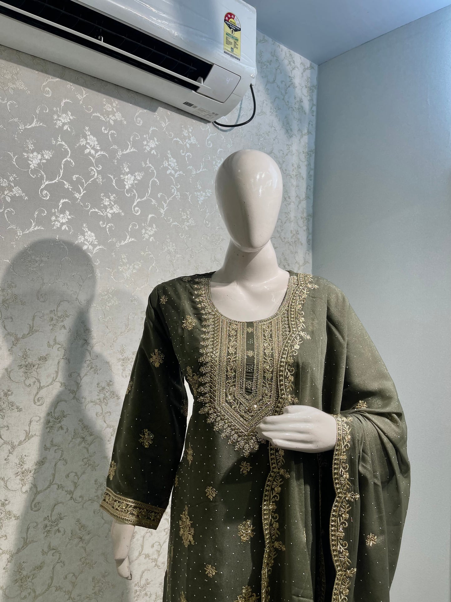 Silk Straight Kurta Set with Intricate Zari & Stone Embroidered Neckline