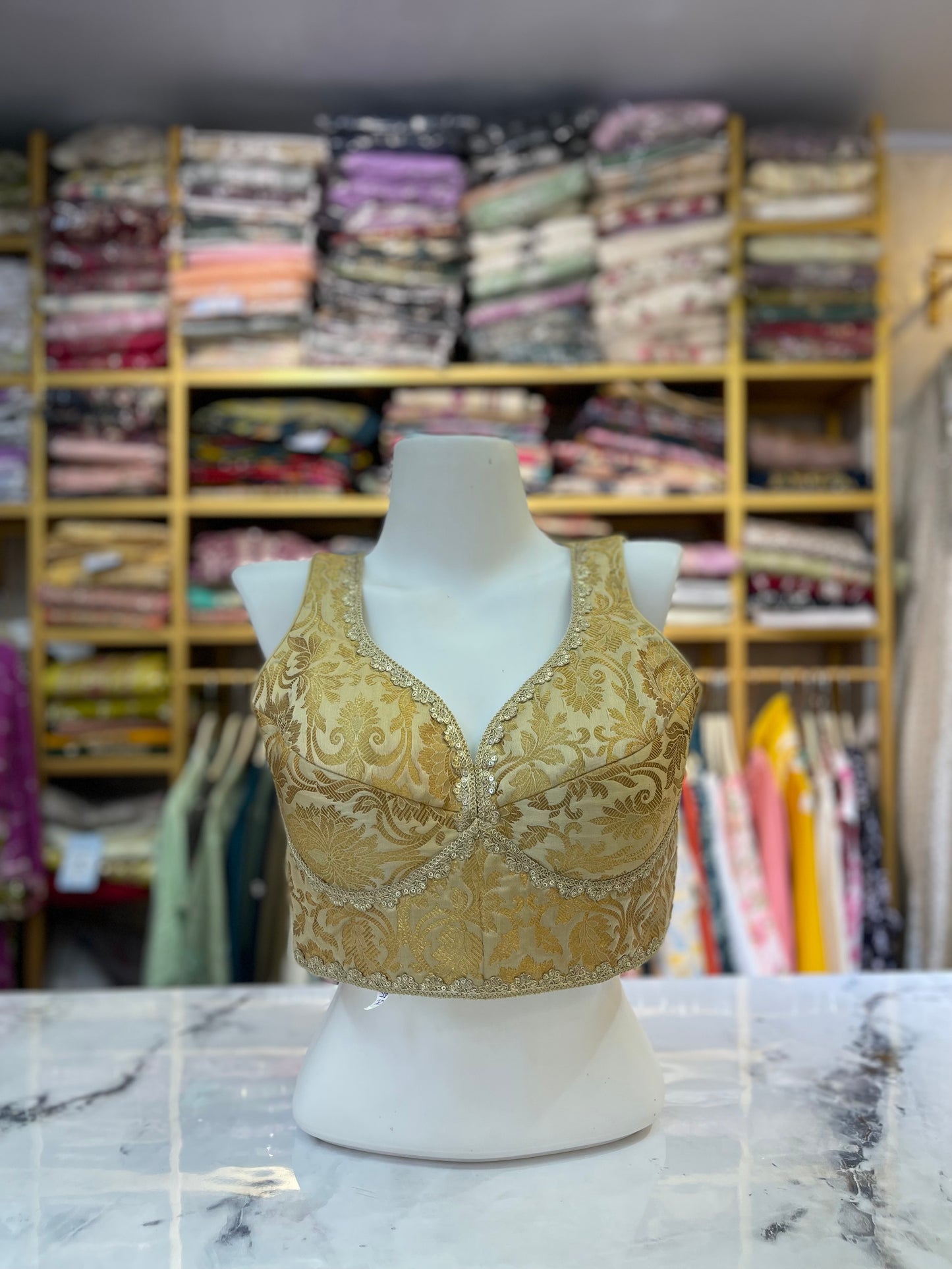 Opulent Gold-on-Gold Brocade Woven Sleeveless Blouse