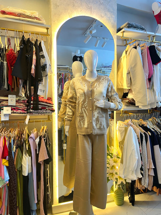 Alpine Luxe" Beige Jacquard Knit Co-ord Set