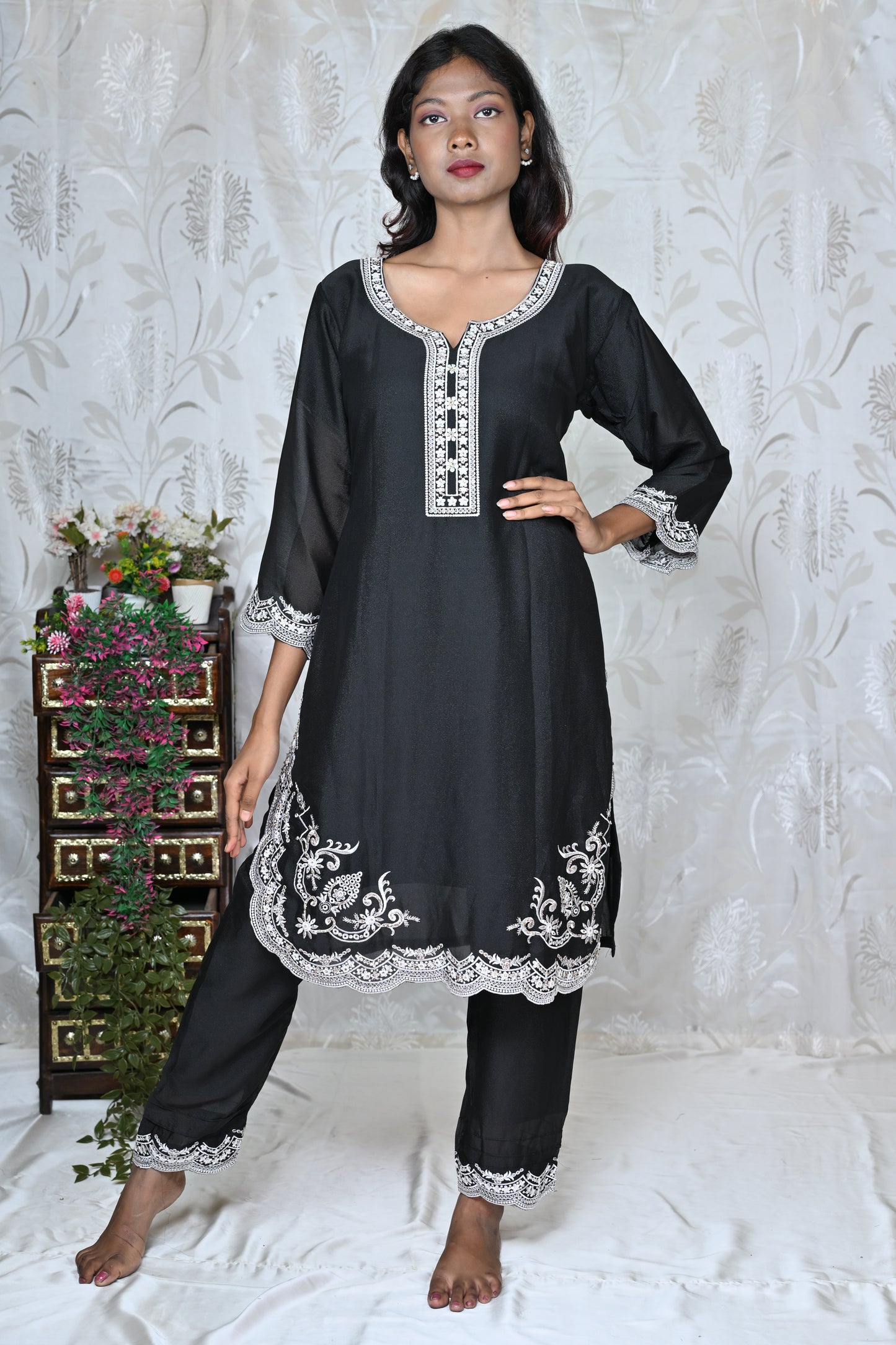 Black & White Border Detail Party Wear Suit Set