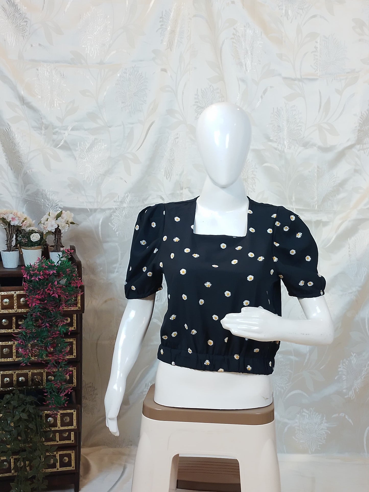Women Black & White Ruffled Collar Asymmetrical Top