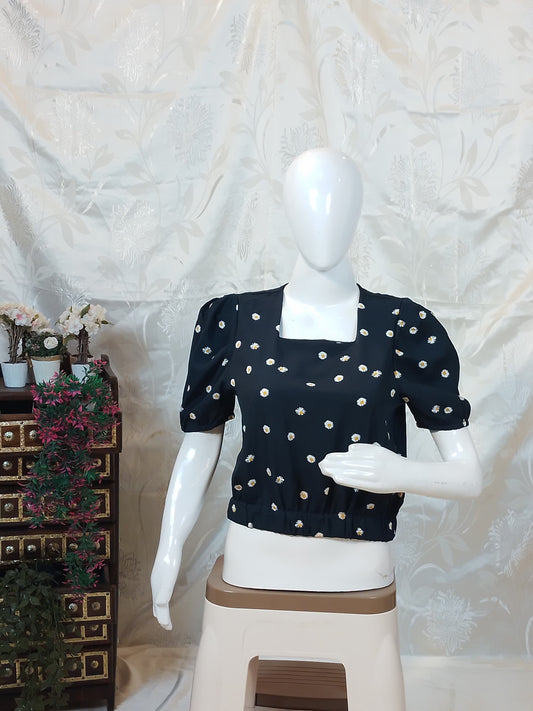 Women Black & White Ruffled Collar Asymmetrical Top