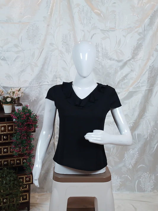 Women Black half Sleeve Ruffle-Neck Top
