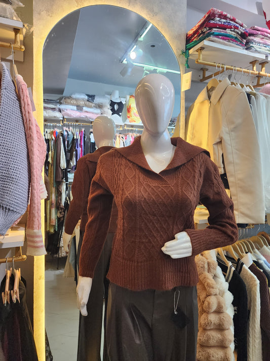 Cozy Chalet" Cable Knit Sweater with V-Collar