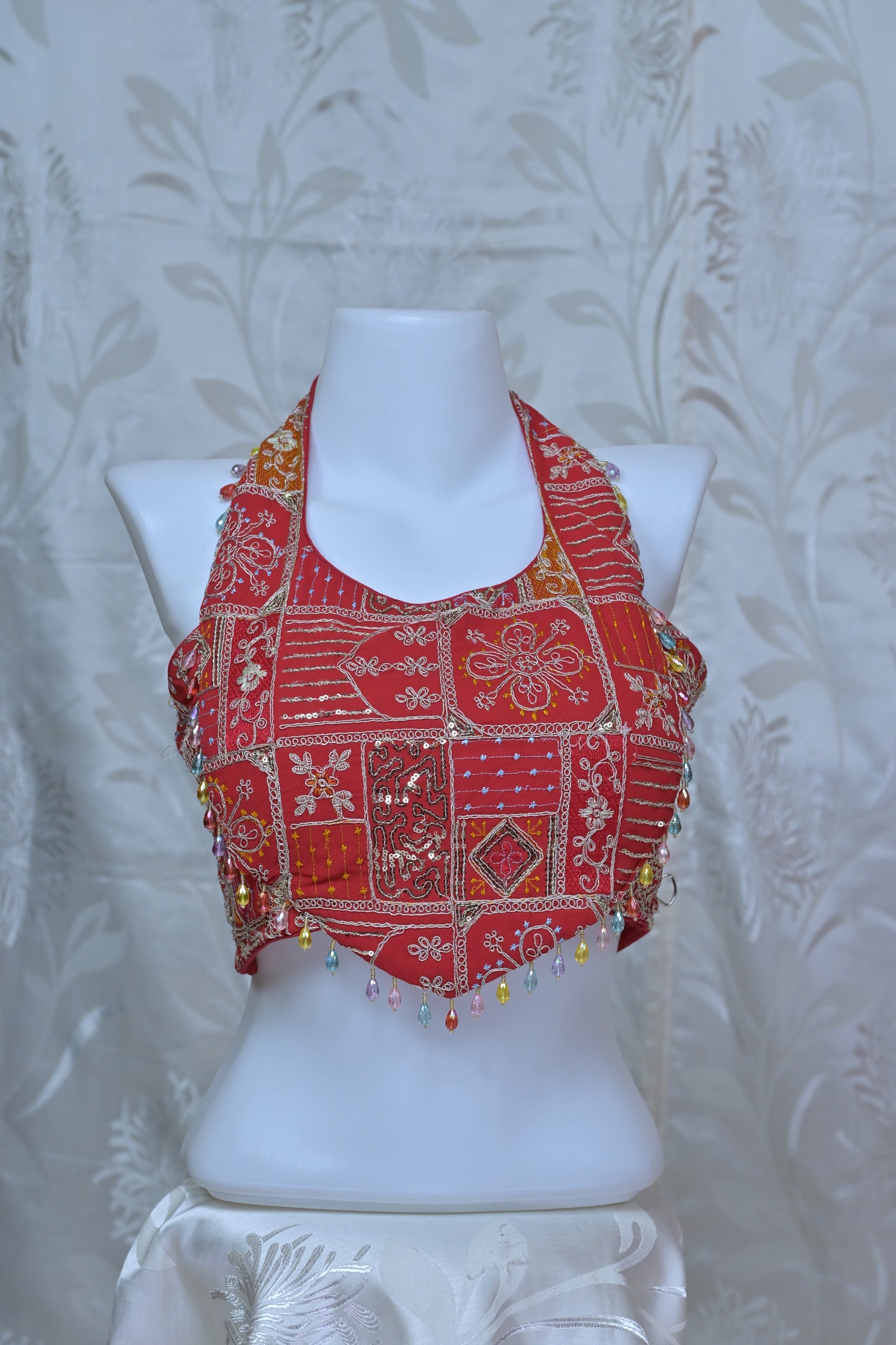 Embroidered Patchwork Halter Neck Backless Blouse