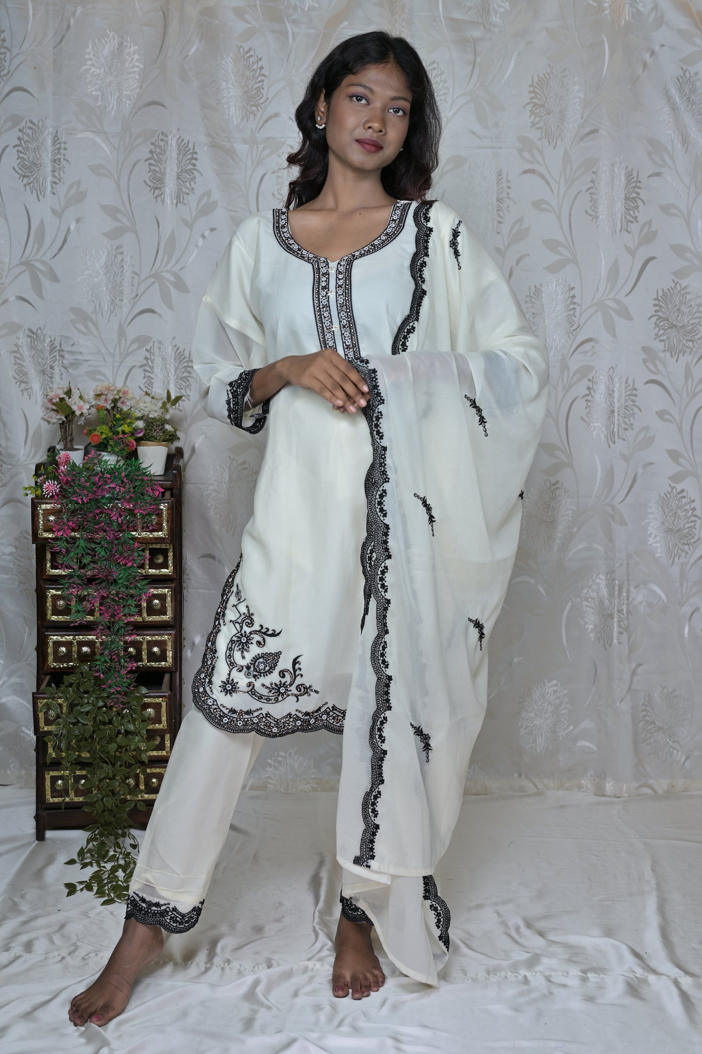 Black & White Border Detail Party Wear Suit Set