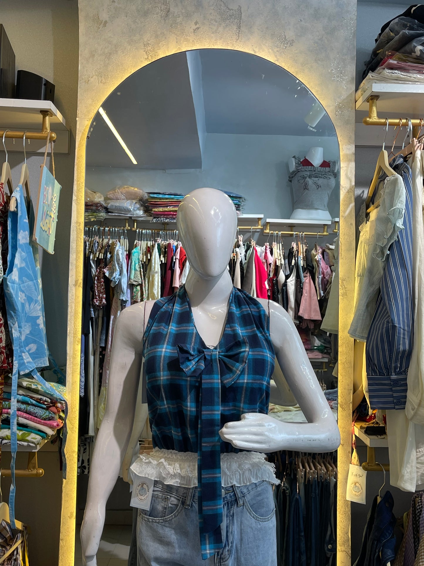 Gingham Halter Neck Top with Front Bow & Lace Trim