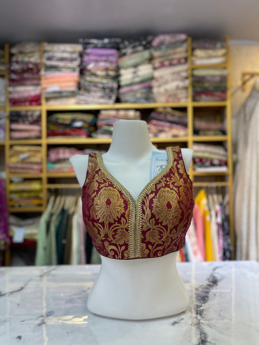 Maroon & Gold Banarasi Brocade Woven Sleeveless Blouse