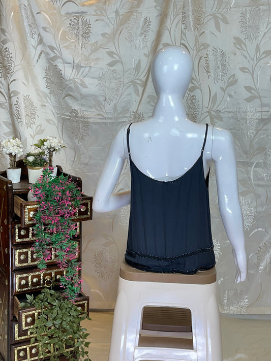 Chic Black Cami Top with Beaded Scallop Hem