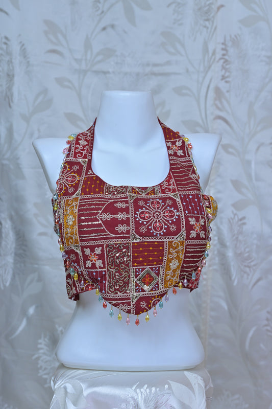 Embroidered Patchwork Halter Neck Backless Blouse