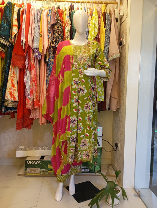 Tropical Zing" Olive Green Floral Anarkali Set with Hot Pink Dupatta