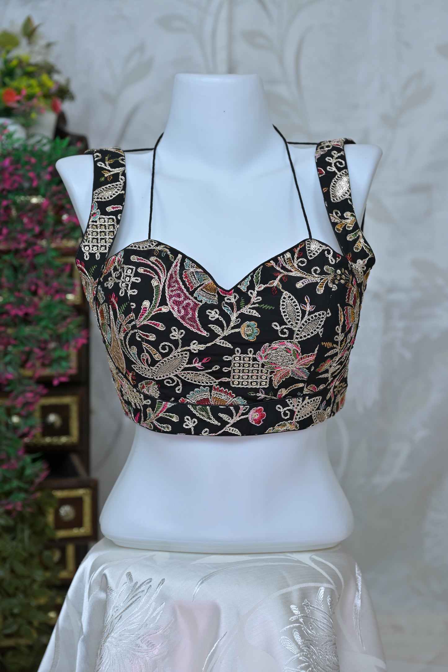 Black Zari Work  Neck Blouse with Back Thread Detail