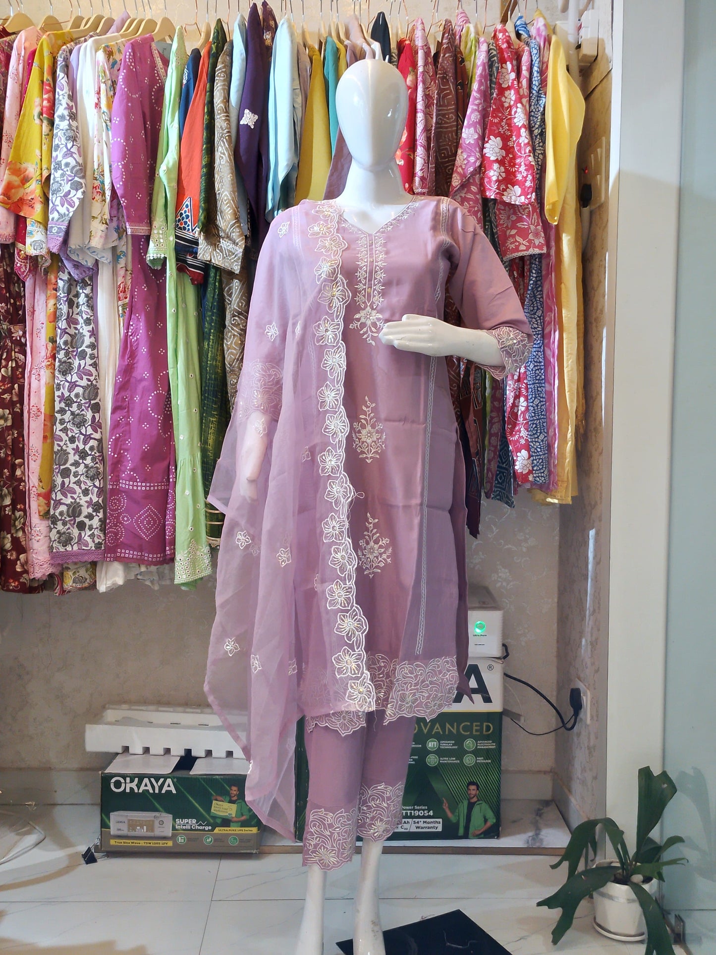 Monochrome Bloom" Embroidered Suit with Organza Dupatta