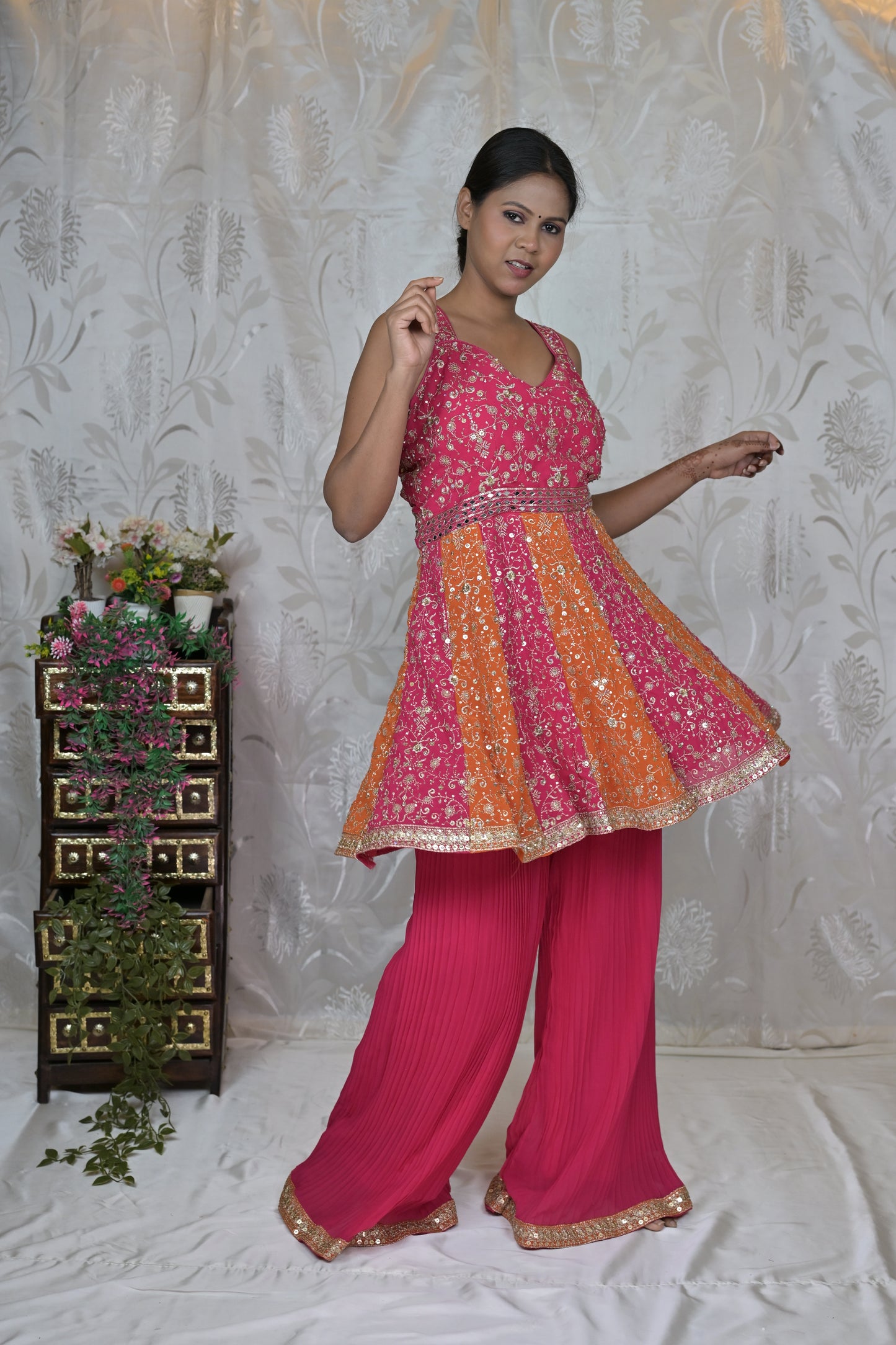 Pink & Orange Peplum Kurta with Palazzo & Dupatta Set