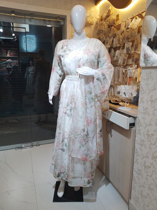 English Rose" Floral Organza Anarkali Set with Belt