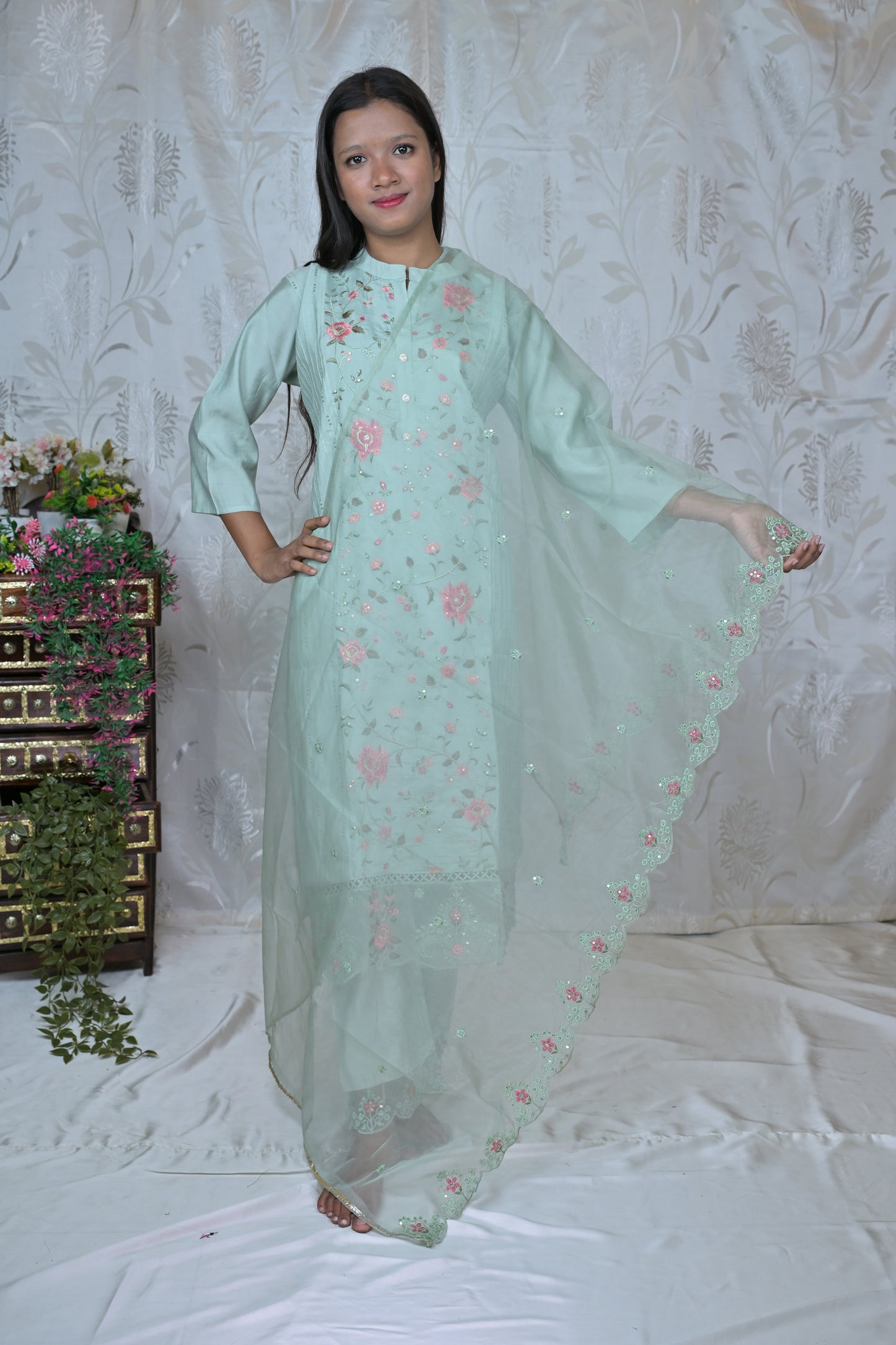 Floral Embroidered Straight Suit Set