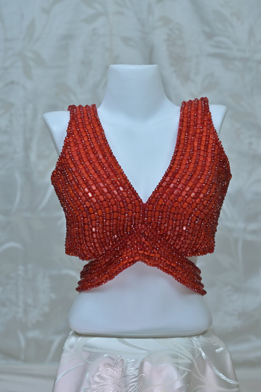 Red Crystal-Embellished Designer Blouse with Criss-Cross Detail
