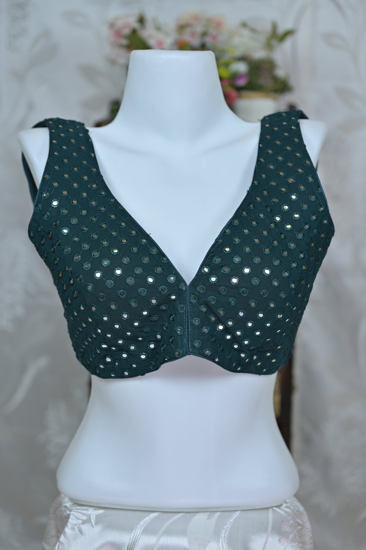 Deep V-Neck Mirror Work Blouse with Dori