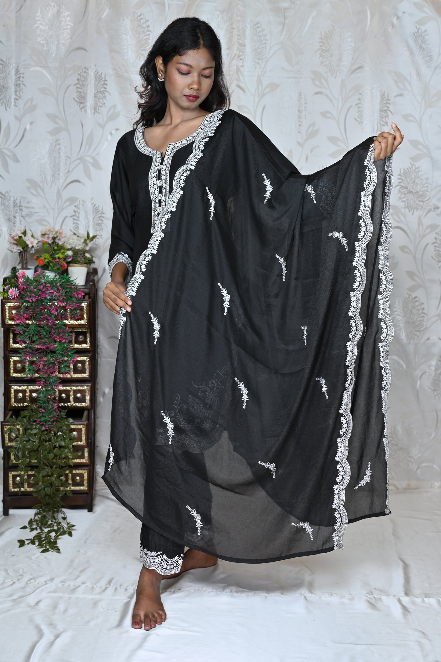 Black & White Border Detail Party Wear Suit Set