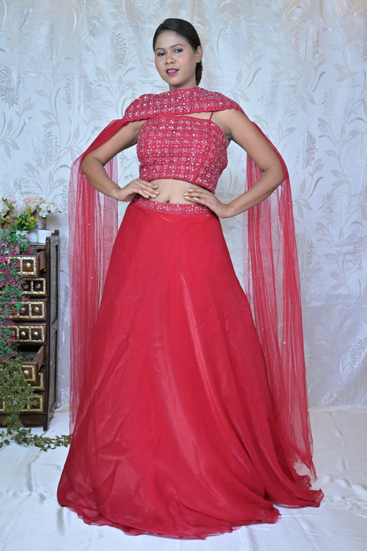 Glamorous Red Sequin Drape Lehenga