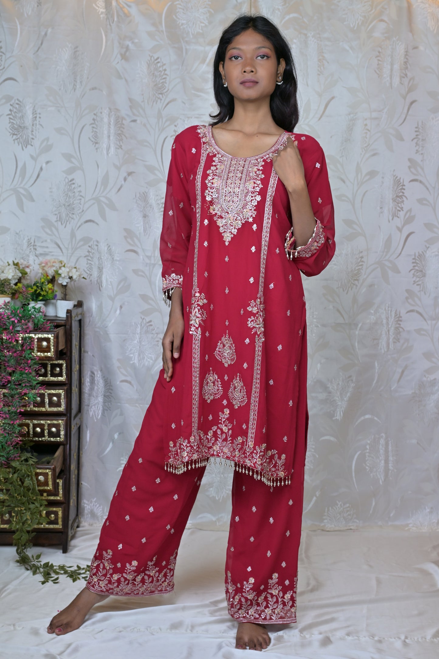 Exquisite Embroidered Georgette Party Wear Suit Set with Palazzos & Dupatta
