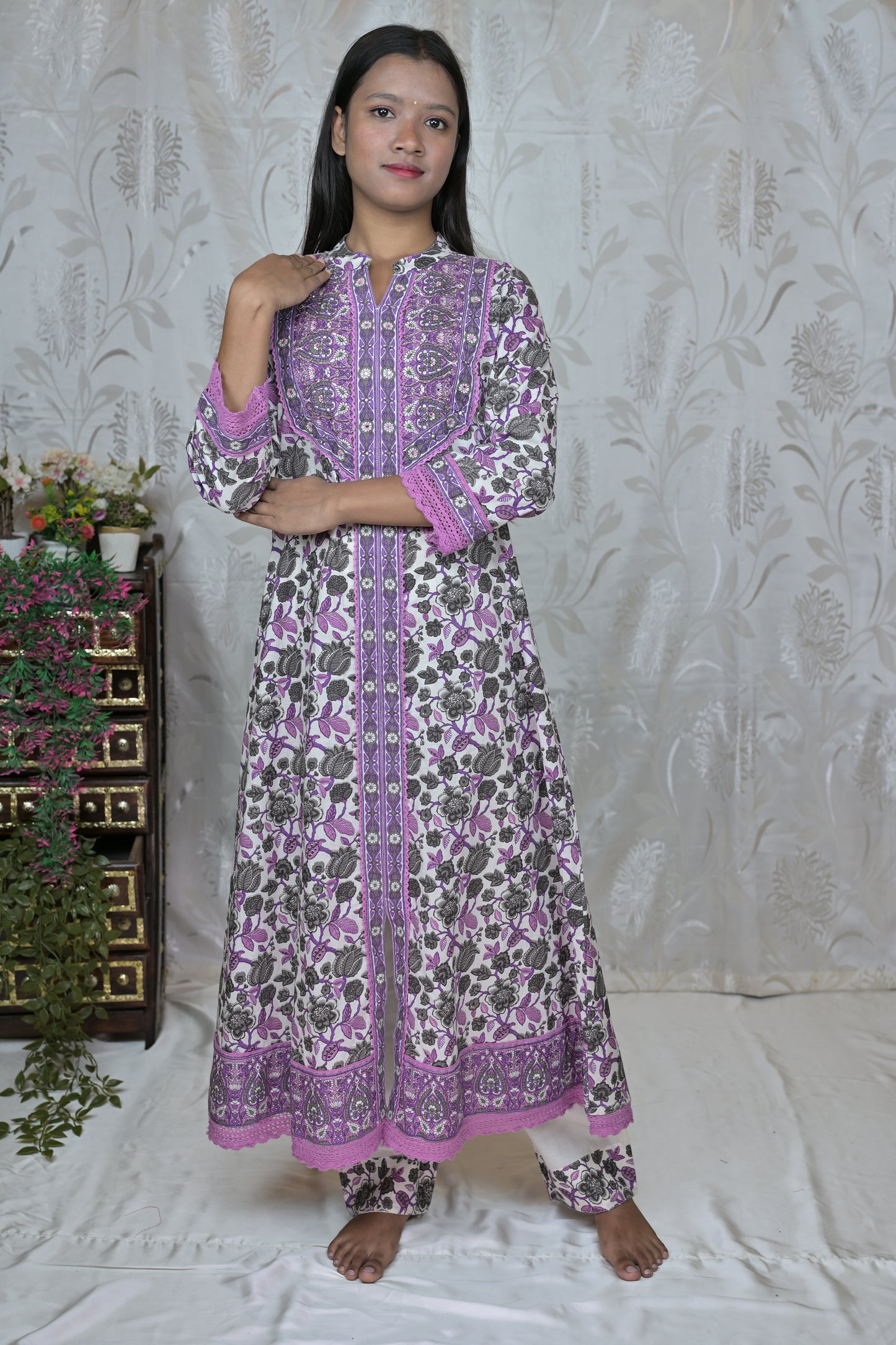 Women's Floral Cotton Kurta Set with Pants & Dupatta