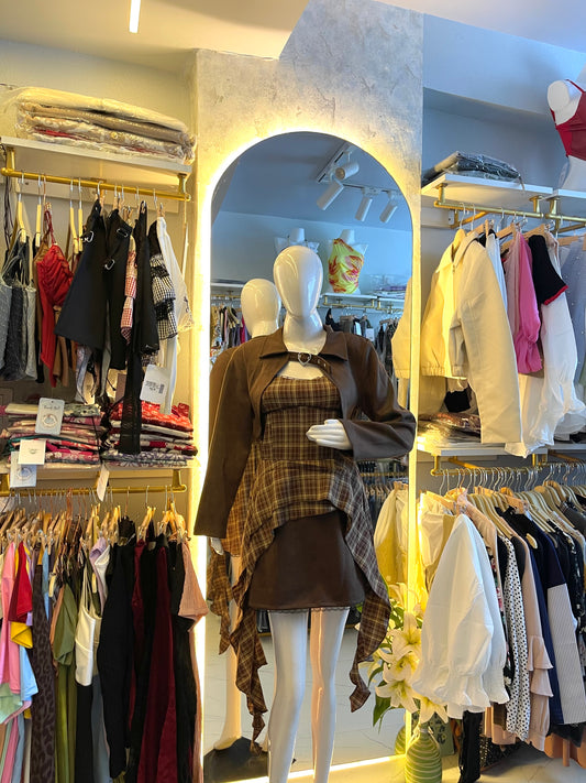 Urban Wanderer" Plaid Asymmetric Mini Dress with Bolero