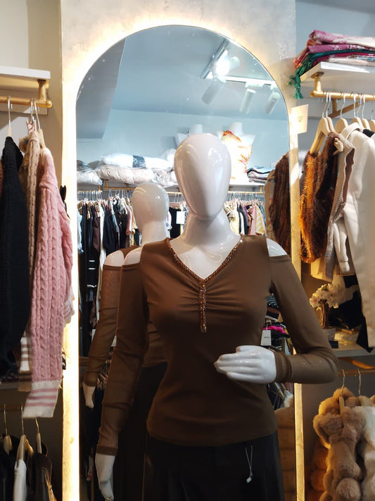 "Mocha Glam" Cold-Shoulder Knit Top