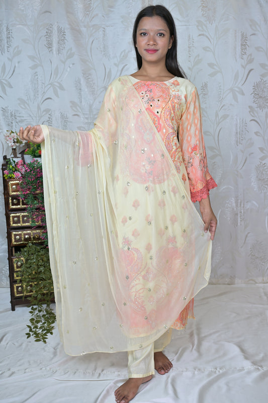 Mirror Work Muslin Kurta with Peach Dupatta