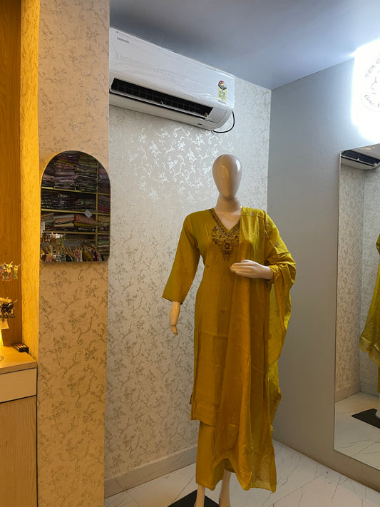 Chanderi Straight Kurta Set with Zardozi Neck Embroidery & Zari Dupatta