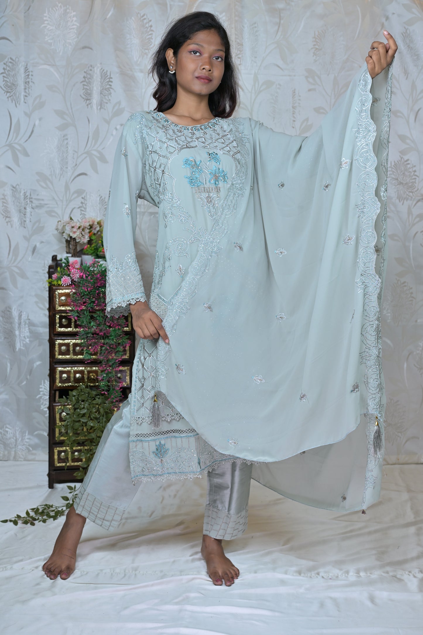 Soft Hue Embroidered Three-Piece Set