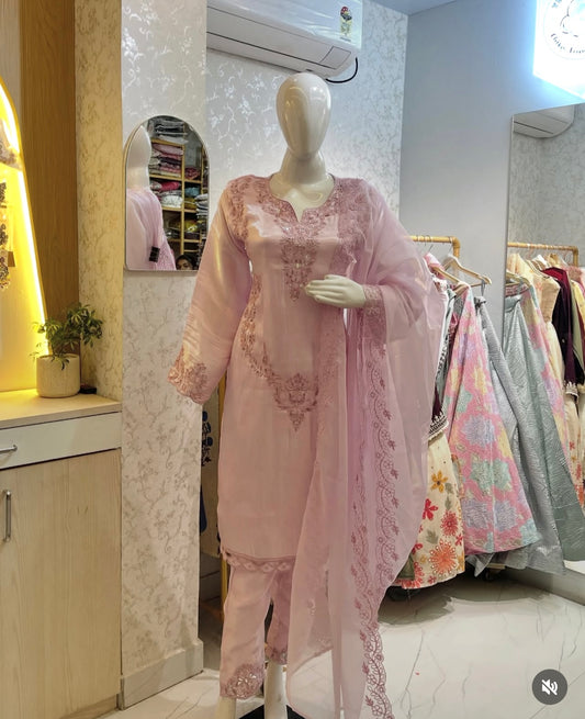 Zimichu Silk Kurta with Cutwork Embroidery & Organza Dupatta