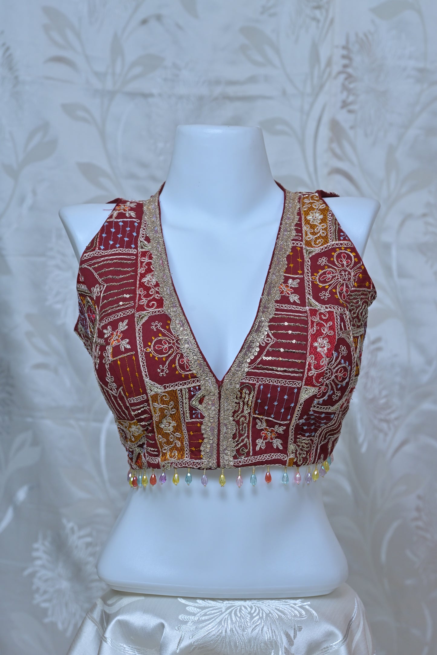 Heavy Gold Embroidered Sleeveless V-Neck Blouse