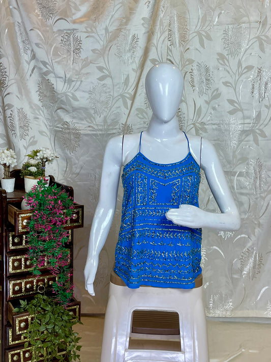 Vibrant Blue Shimmer Embellished Y2K Cami Top