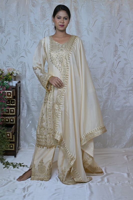 Cream & Gold Heavy Embroidered Palazzo Suit Set